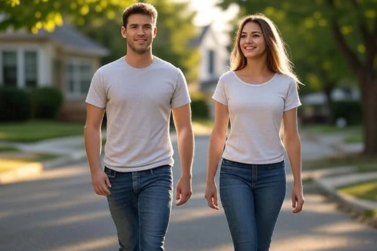 Couple walking in a suburban neighborhood symbolizing discreet sexual health solutions