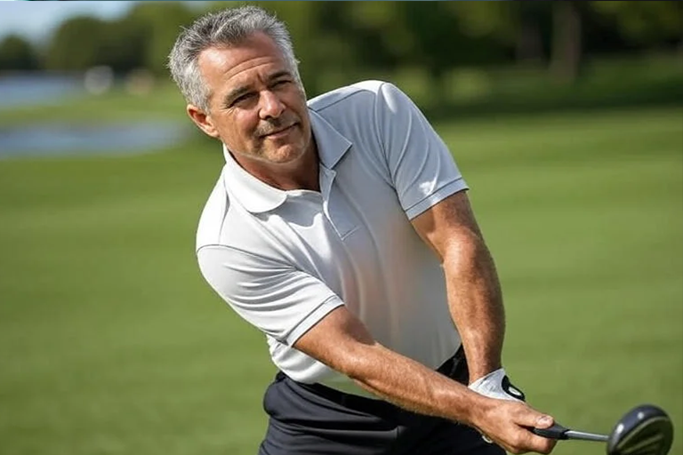 Middle aged man golfing symbolizing vitality with peptide therapy